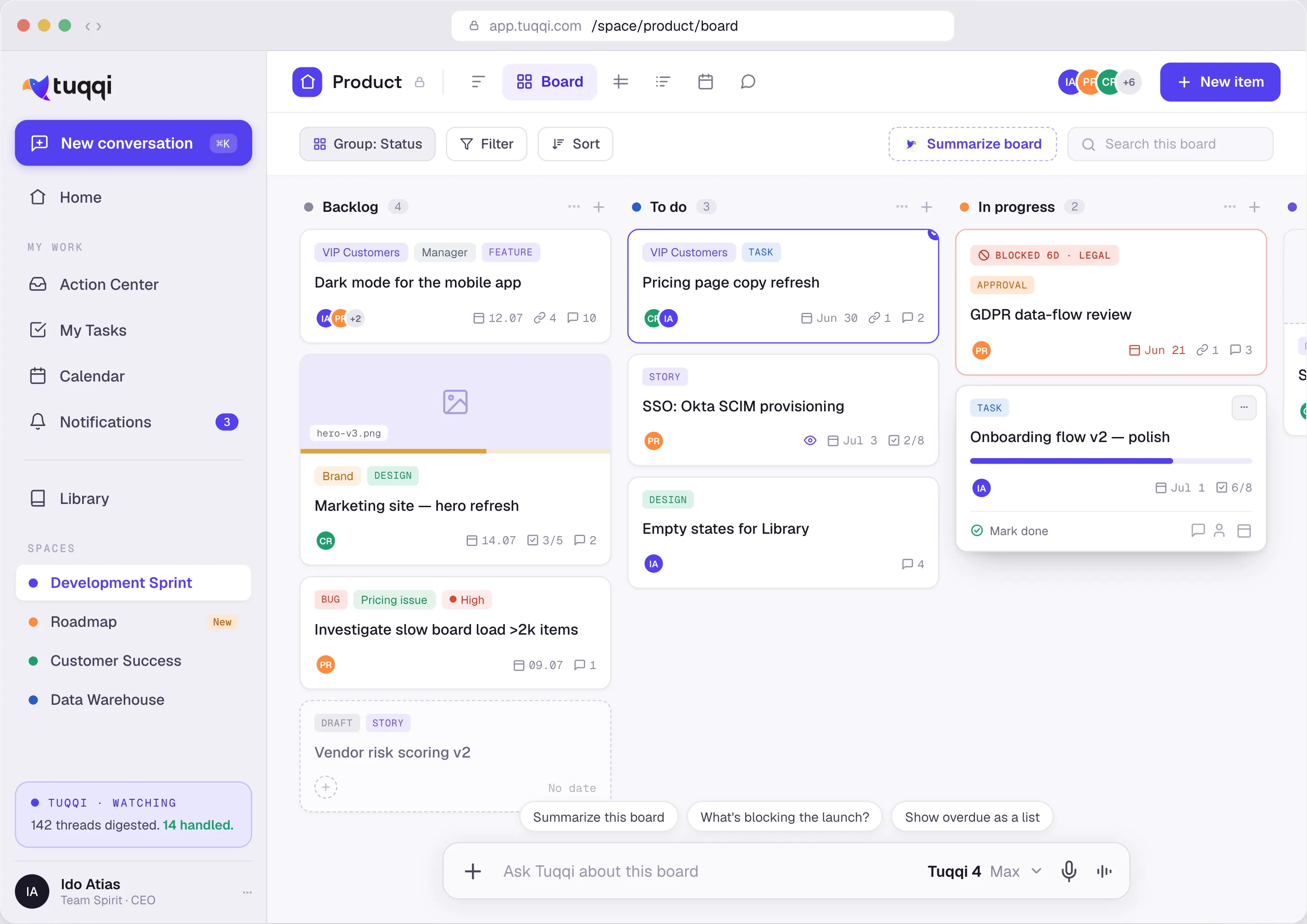 Tuqqi workspace showing a product space as a kanban board grouped by status, with the Action Center, My Tasks, calendar and library in the sidebar