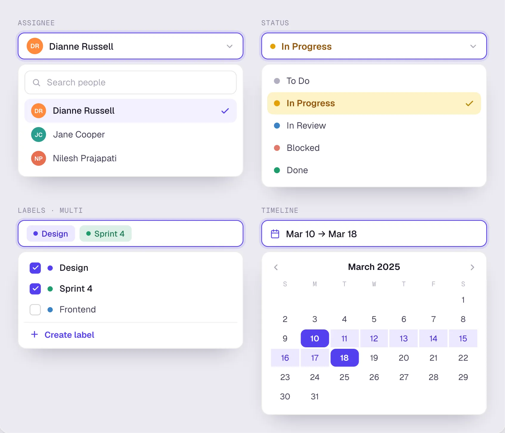 Tuqqi item field popovers: assignee picker, status list, multi-select labels, and a timeline date-range calendar