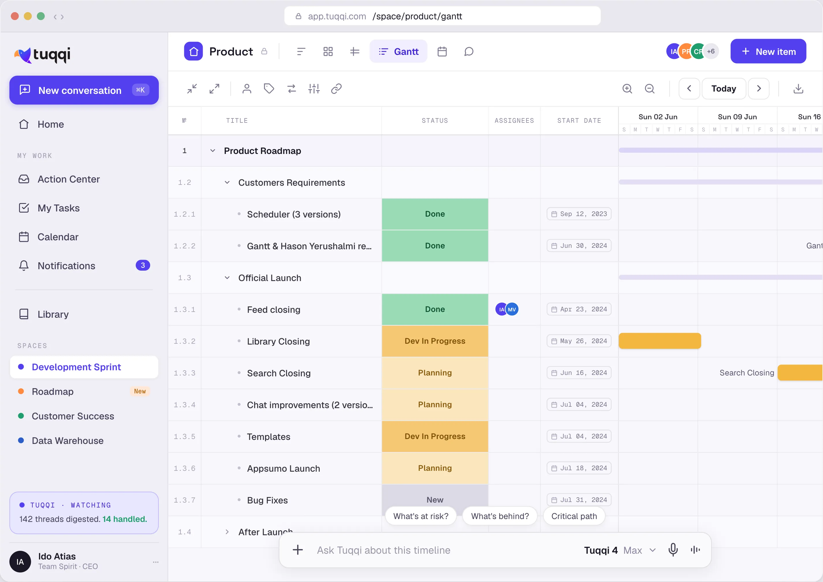 Tuqqi Gantt view of a product roadmap — phases with statuses, assignees, start dates and timeline bars, plus quick prompts like “What's at risk?” and “Critical path”